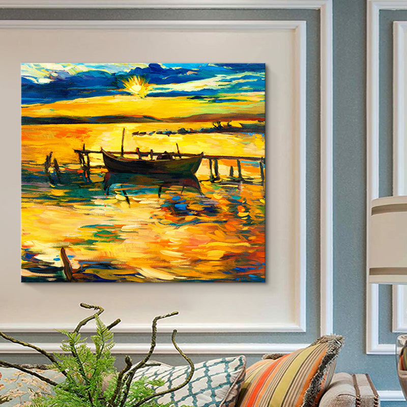 Brehn | Boot und Sonnenuntergang Seascape Gemälde Leinwanddruck Orange Tropix Wandkunst für das Familienzimmer