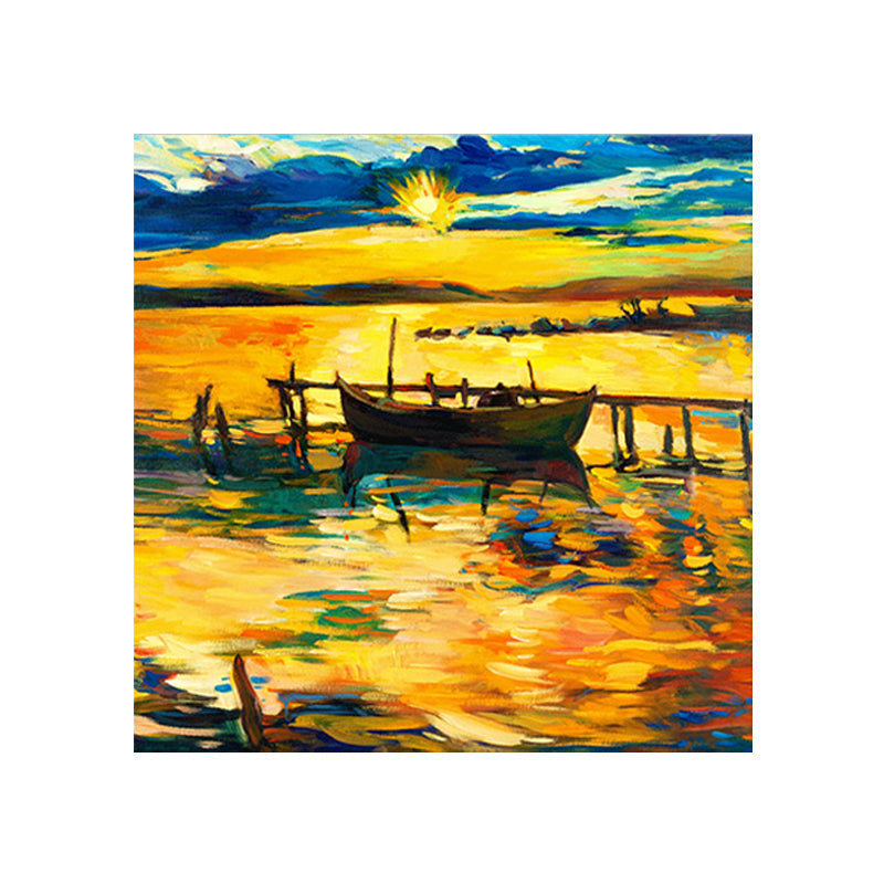Brehn | Boot und Sonnenuntergang Seascape Gemälde Leinwanddruck Orange Tropix Wandkunst für das Familienzimmer