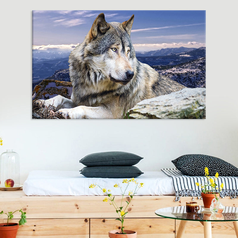 Brehn | Zeitgenössischer Wolf Leinwanddruck Blau Wohnzimmer Wandkunst Dekoration, Texturierte Oberfläche