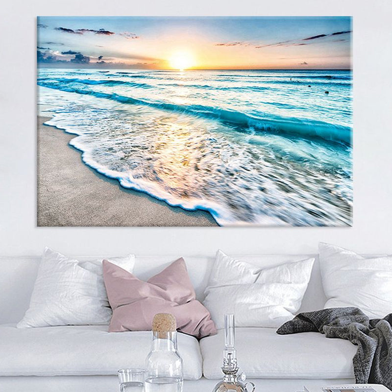 Brehn | Sunset Beach Wave Scene Kunstdruck auf blauer Leinwand Wanddekoration, strukturierte Oberfläche