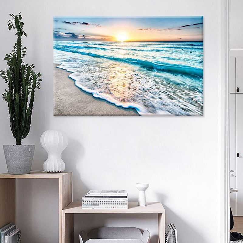 Brehn | Sunset Beach Wave Scene Kunstdruck auf blauer Leinwand Wanddekoration, strukturierte Oberfläche