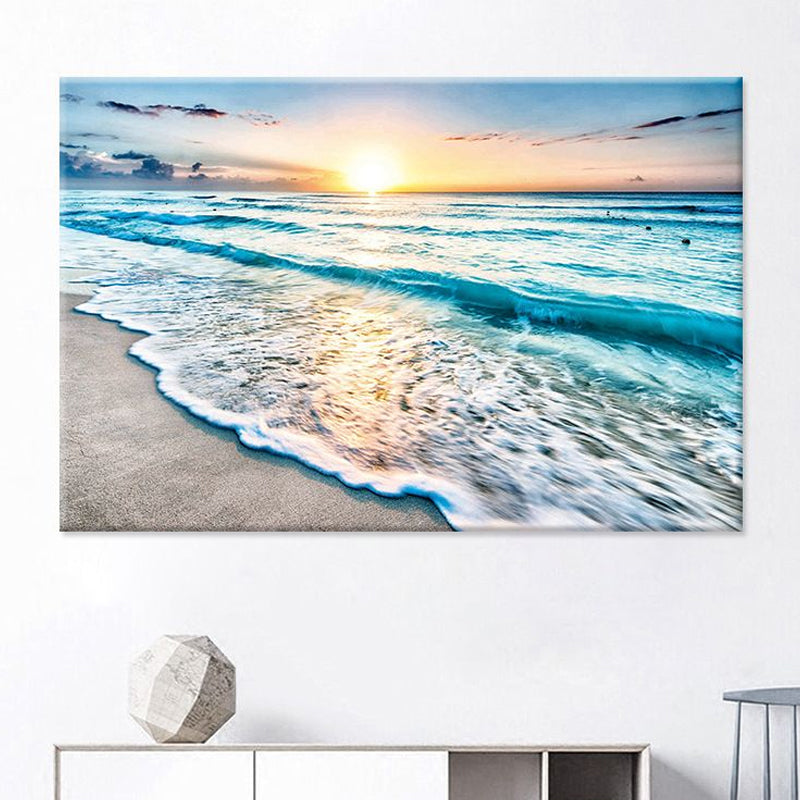 Brehn | Sunset Beach Wave Scene Kunstdruck auf blauer Leinwand Wanddekoration, strukturierte Oberfläche