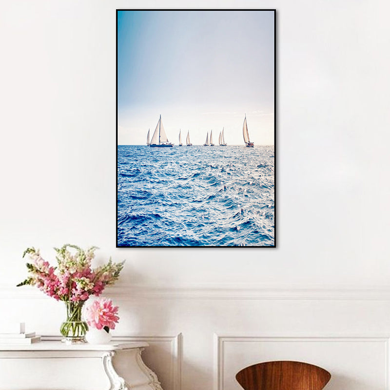 Brehn | Moderne Ozean Segelboote Wandkunst Blau Texturiertes Leinwanddruck für Wohnzimmer