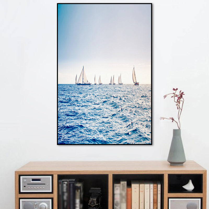 Brehn | Moderne Ozean Segelboote Wandkunst Blau Texturiertes Leinwanddruck für Wohnzimmer