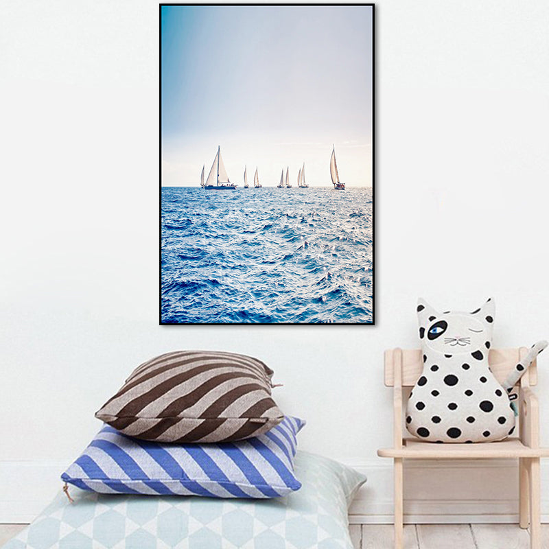 Brehn | Moderne Ozean Segelboote Wandkunst Blau Texturiertes Leinwanddruck für Wohnzimmer