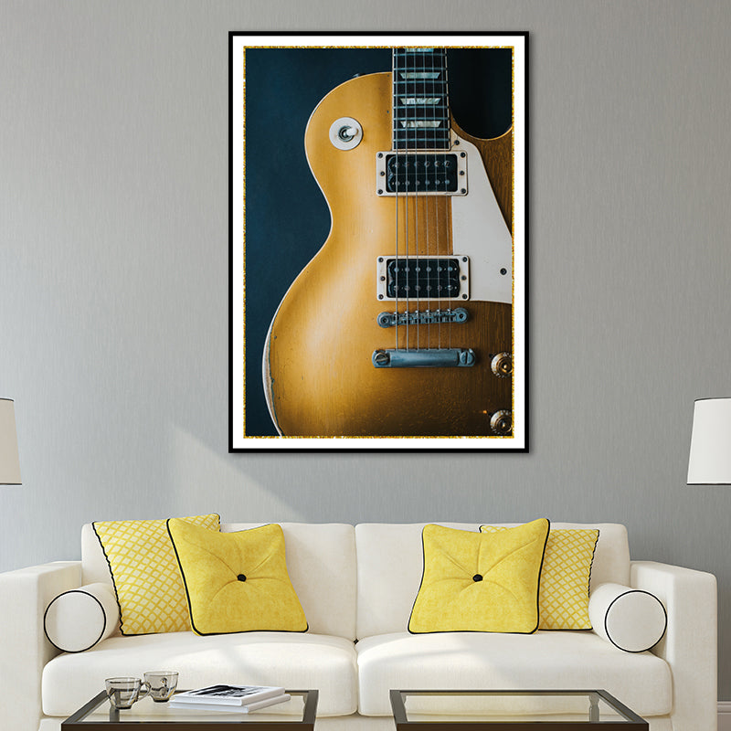 Brehn | Musik Gitarre Kunstdruck Minimalismus Texturiert Eingewickelte Leinwand in Gelb für das Wohnzimmer