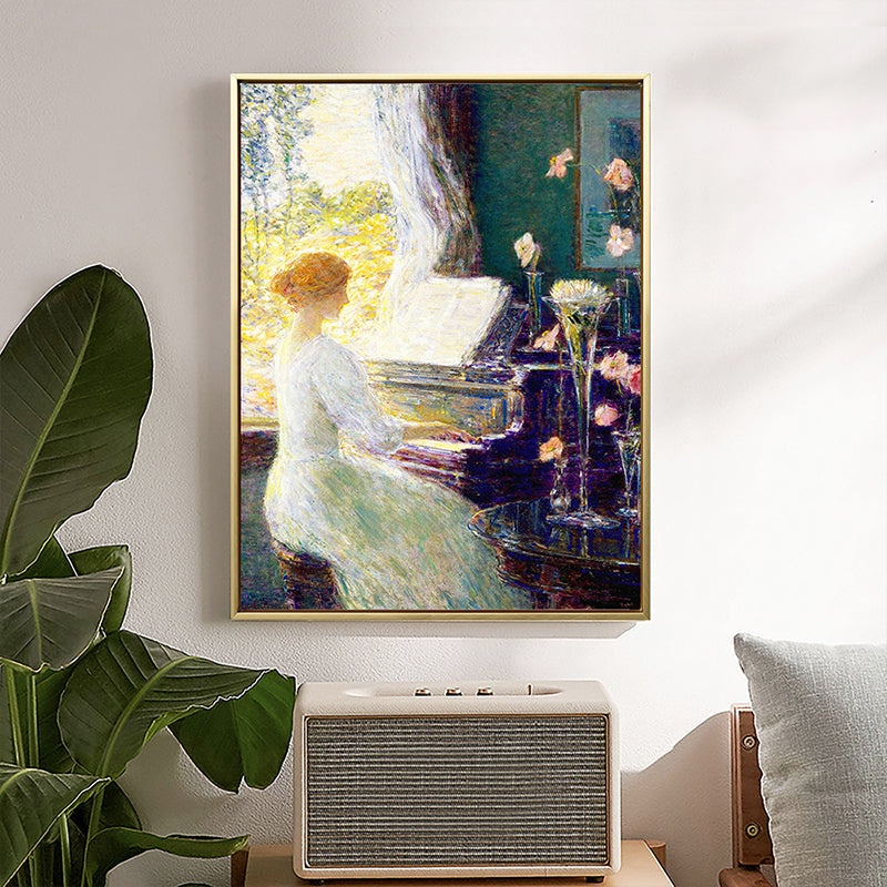 Brehn | Musikalischer Leinwanddruck Retro Elegante Dame am Klavier Wandkunst Dekor in Weiß-Grün