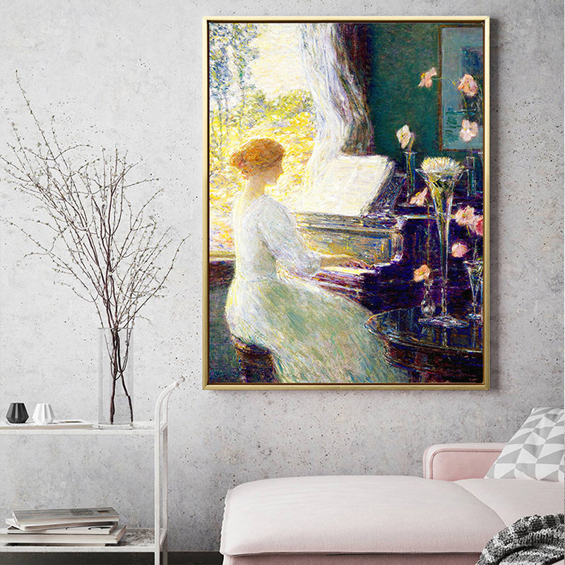 Brehn | Musikalischer Leinwanddruck Retro Elegante Dame am Klavier Wandkunst Dekor in Weiß-Grün