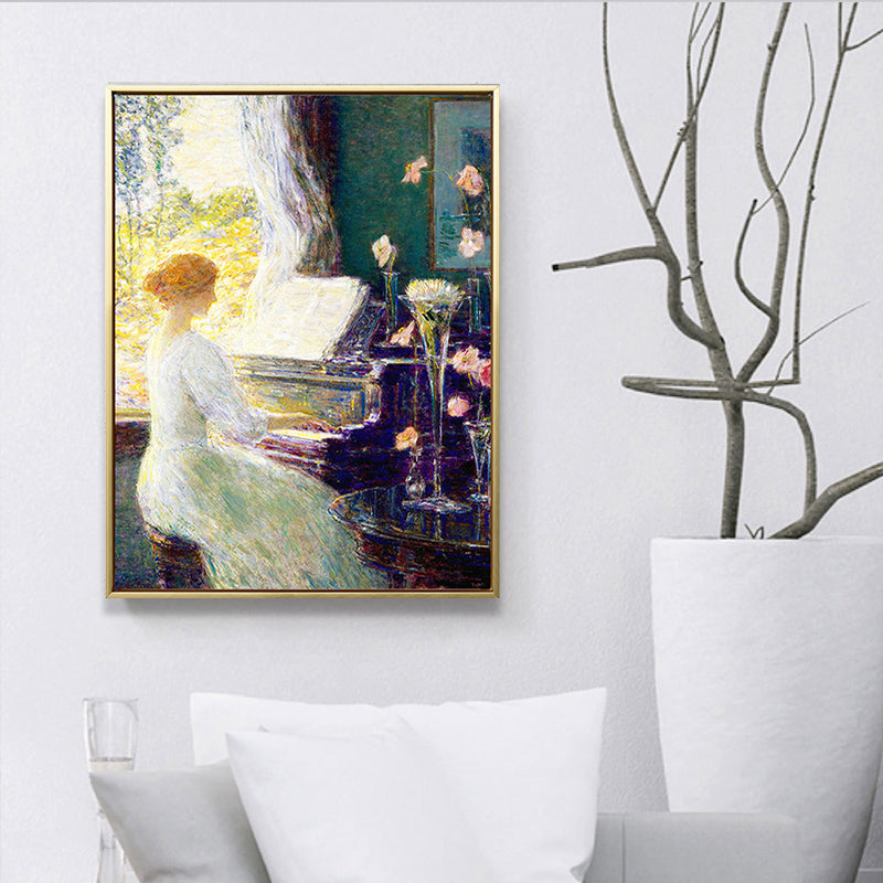 Brehn | Musikalischer Leinwanddruck Retro Elegante Dame am Klavier Wandkunst Dekor in Weiß-Grün