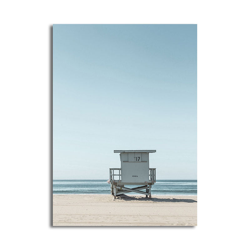 Brehn | Hellblauer Tropix Leinendruck Strandstuhl und Meereshorizont Landschaft Wandkunst für den Raum