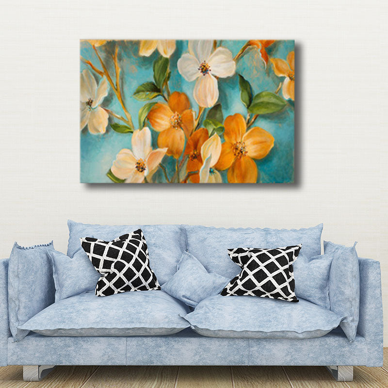 Brehn | Orange-Weiße Blumenblüte Malerei Texturiertes Bauernhaus Wohnzimmer Wandkunst Druck