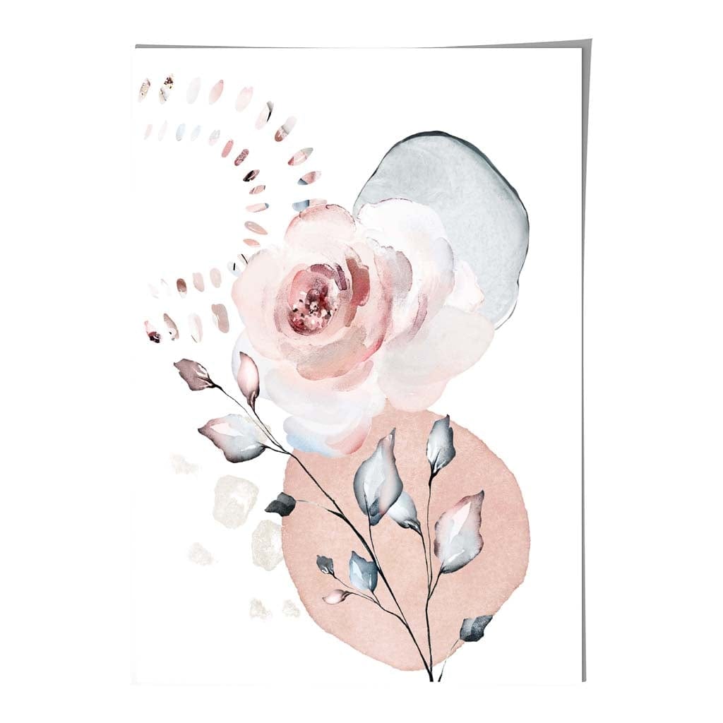 Abstraktes florales Muster mit Rosen und geometrischen Formen in zartem Rosa und Grau Nr. 1