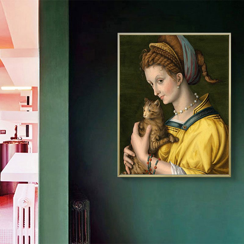Brehn | Gelbe Katze und Dienstmädchen Kunst Texturiertes Gemälde für Badezimmer, Mehrere Größen Verfügbar