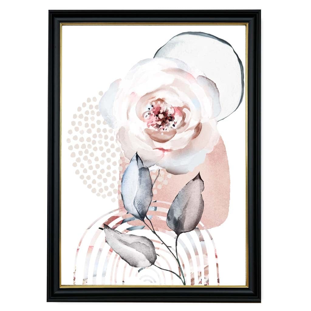 Abstraktes florales Muster mit Rosen und geometrischen Formen in zartem Rosa und Grau Nr. 2