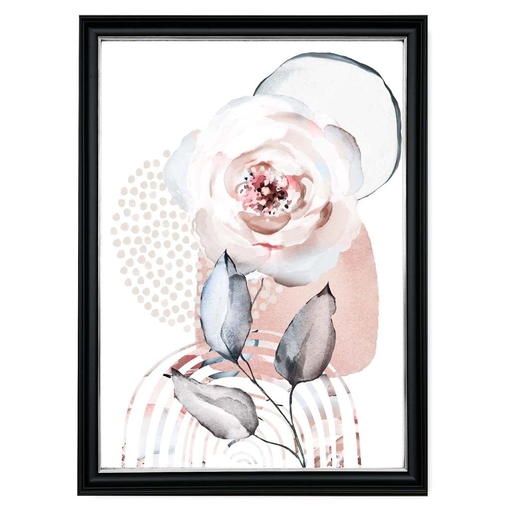 Abstraktes florales Muster mit Rosen und geometrischen Formen in zartem Rosa und Grau Nr. 2