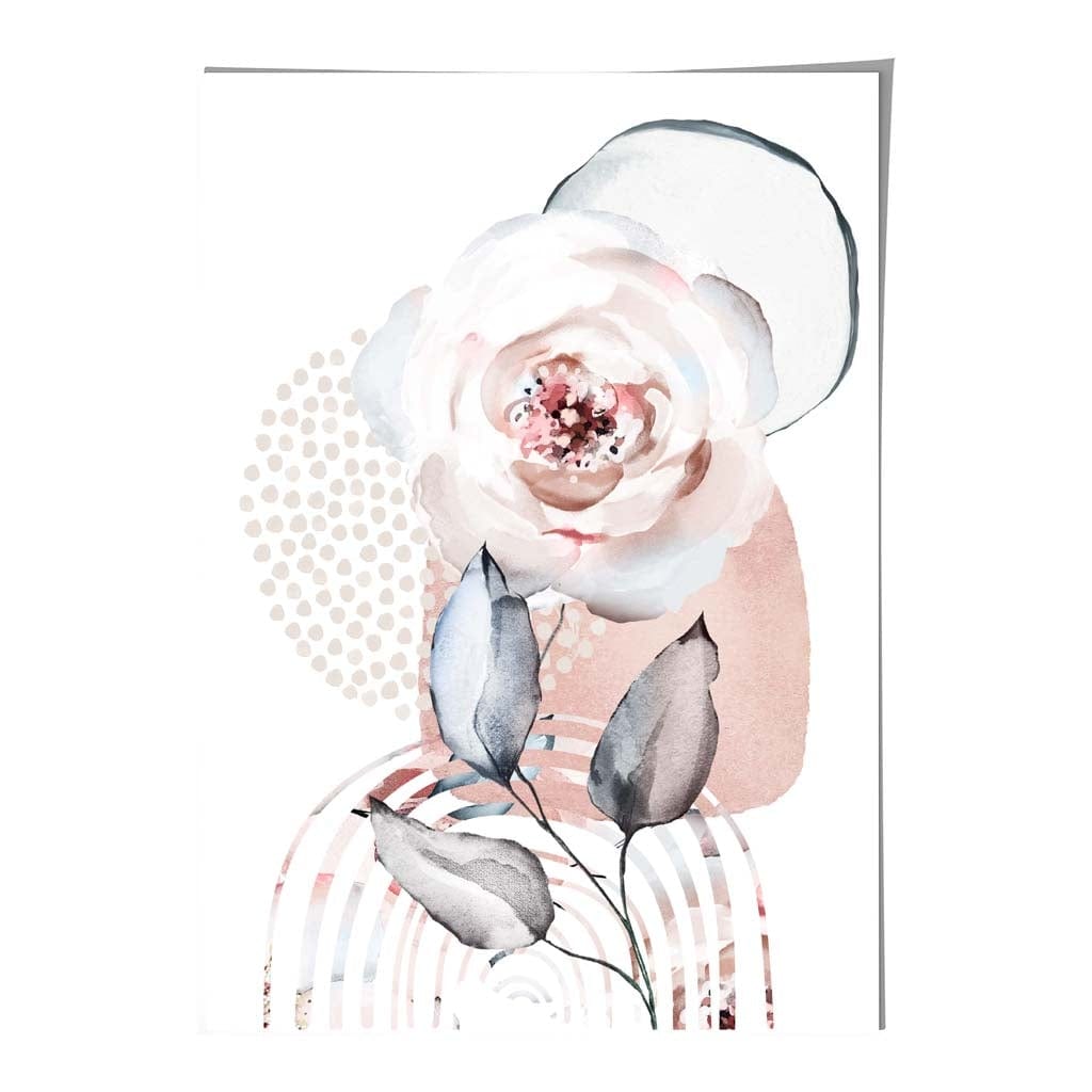 Abstraktes florales Muster mit Rosen und geometrischen Formen in zartem Rosa und Grau Nr. 2
