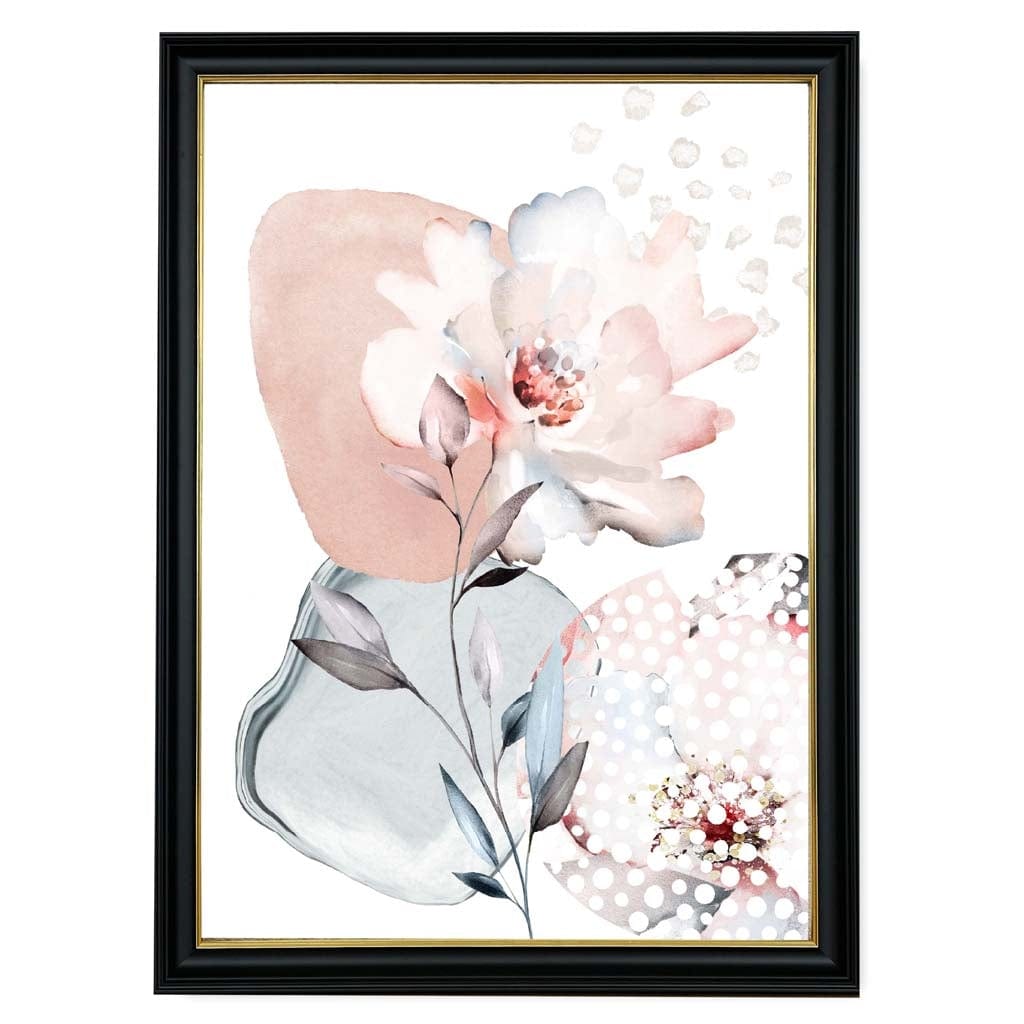 Abstraktes Blumenmuster in Rosa und Grau mit Rosen und geometrischen Formen Nr. 3
