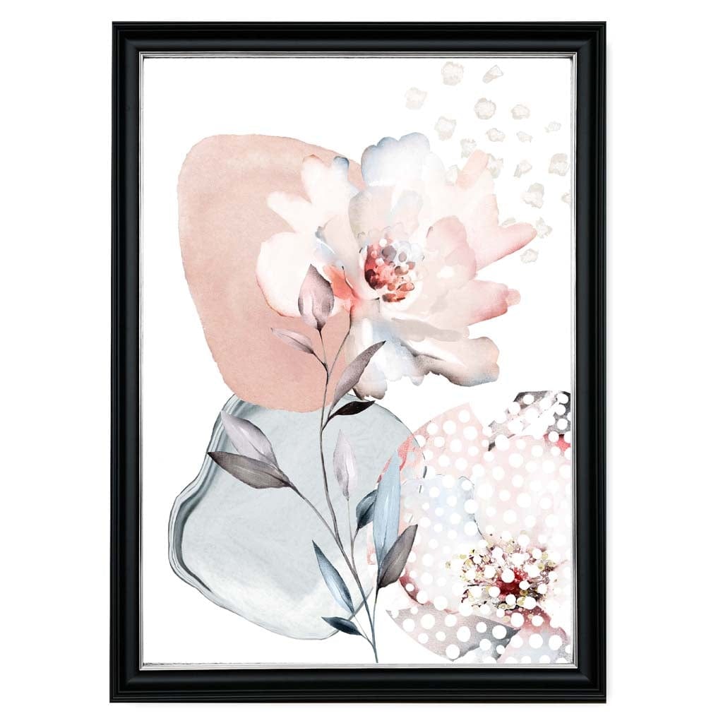 Abstraktes Blumenmuster in Rosa und Grau mit Rosen und geometrischen Formen Nr. 3