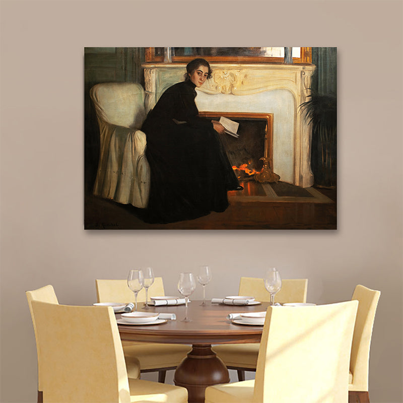 Brehn | Traditioneller Stil Leinwand Pastellfarbe Mädchen und Kamin Malerei, Mehrere Größen