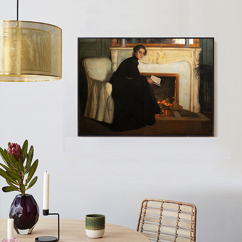 Brehn | Traditioneller Stil Leinwand Pastellfarbe Mädchen und Kamin Malerei, Mehrere Größen