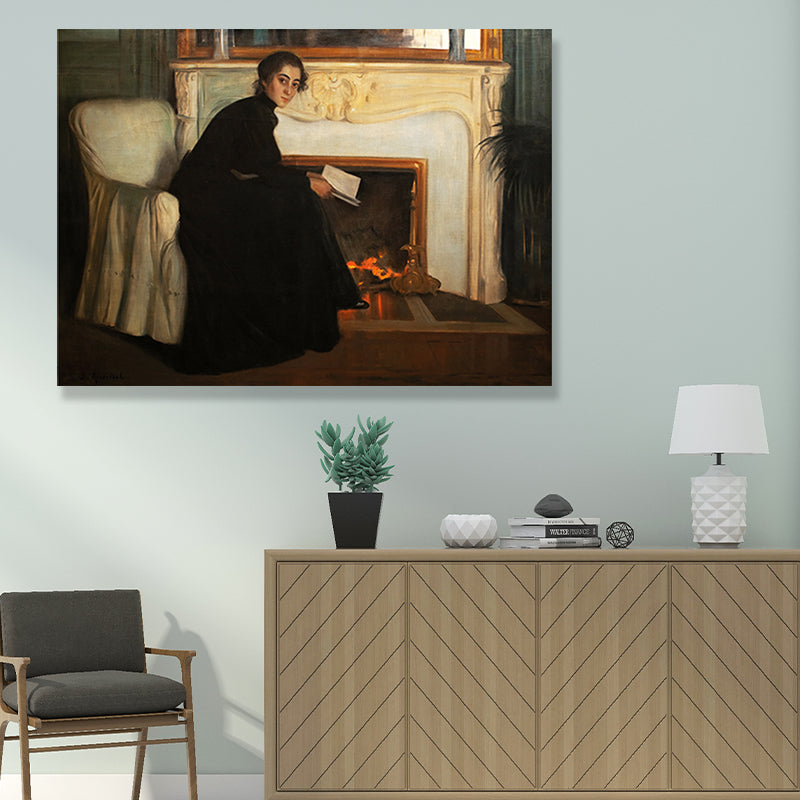 Brehn | Traditioneller Stil Leinwand Pastellfarbe Mädchen und Kamin Malerei, Mehrere Größen