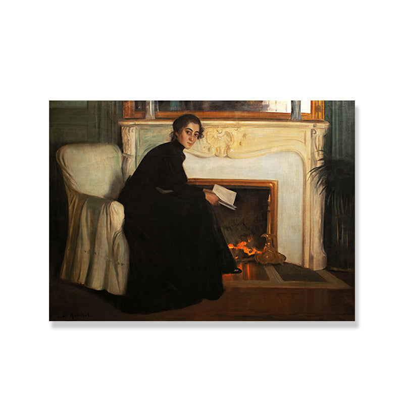 Brehn | Traditioneller Stil Leinwand Pastellfarbe Mädchen und Kamin Malerei, Mehrere Größen