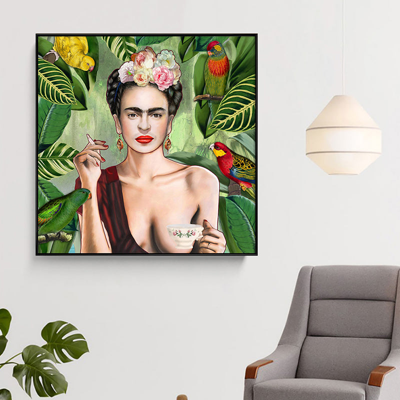 Brehn | Bohemian Leinwandkunst in Grün Frida Kahlo Selbstporträt Gemälde für Hausinterieur