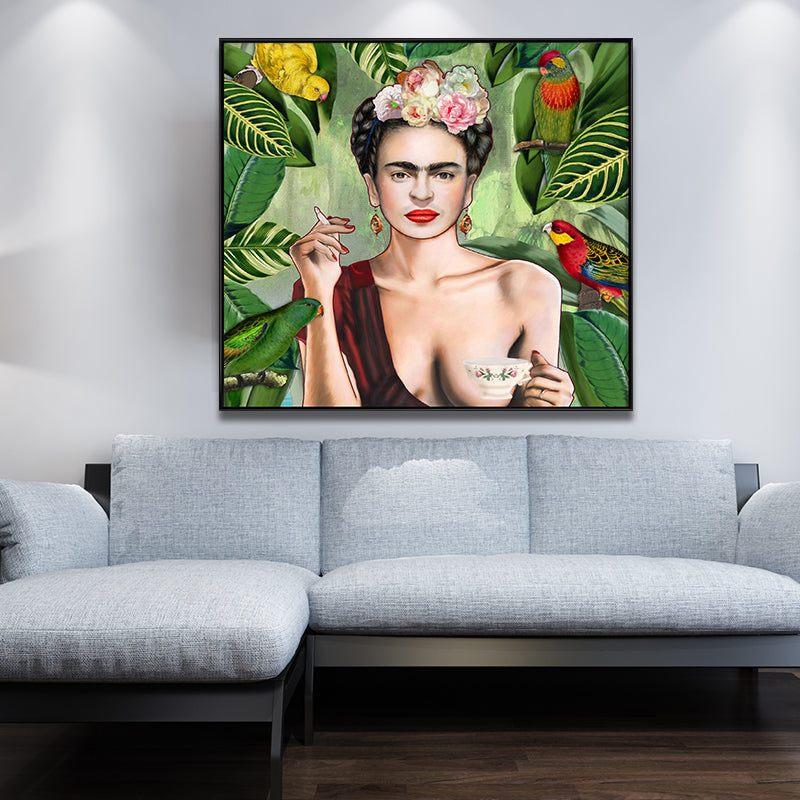 Brehn | Bohemian Leinwandkunst in Grün Frida Kahlo Selbstporträt Gemälde für Hausinterieur