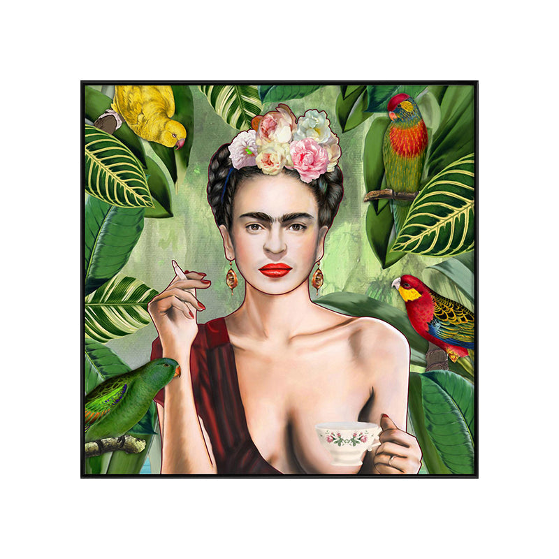 Brehn | Bohemian Leinwandkunst in Grün Frida Kahlo Selbstporträt Gemälde für Hausinterieur