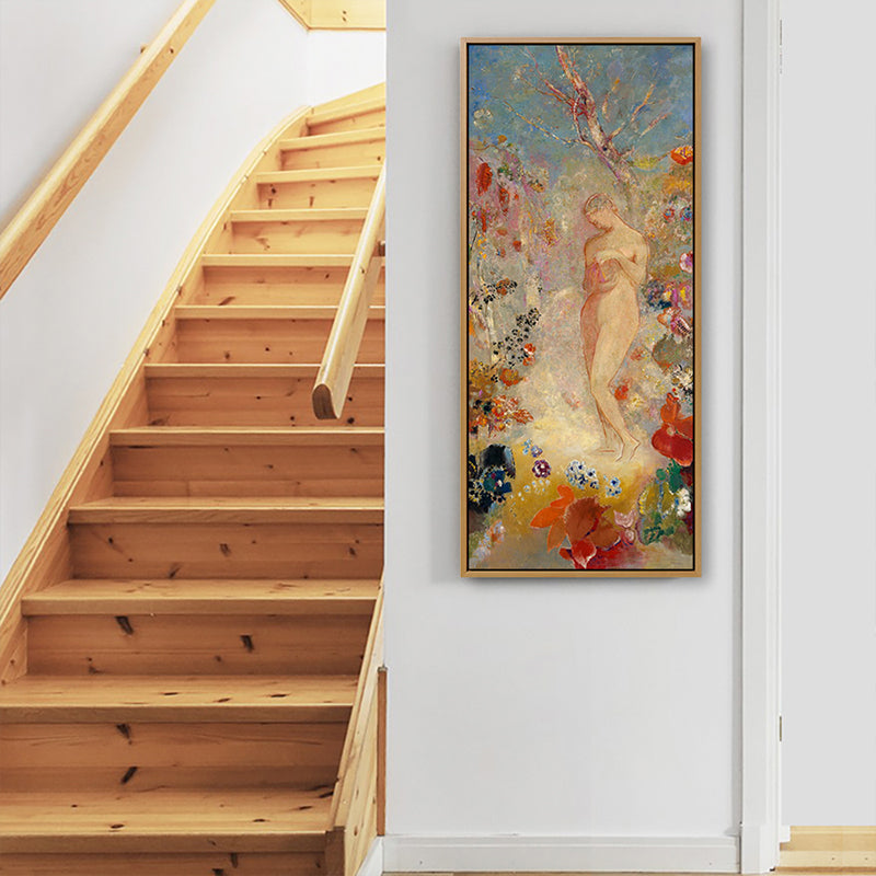 Brehn | Traditionelle stehende Aktfigur Kunst in orange strukturiertem Wanddekor für das Wohnzimmer