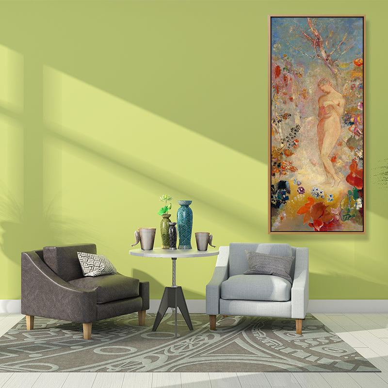 Brehn | Traditionelle stehende Aktfigur Kunst in orange strukturiertem Wanddekor für das Wohnzimmer