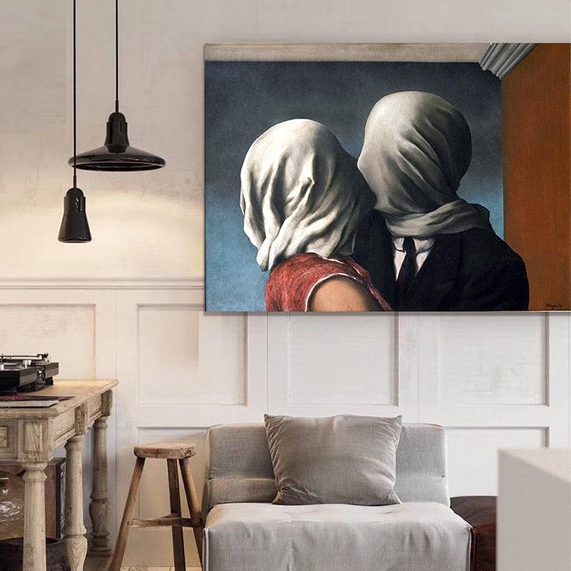 Brehn | Surrealismus Magritte die Liebenden Leinwand Blau Texturiertes Wandkunstdruck für Wohnzimmer