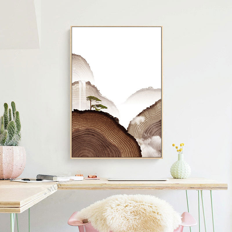 Brehn | Leinwand Brauner Kunstdruck Asiatischer Kieferbaum und Holzberg Wanddekoration für Gästezimmer