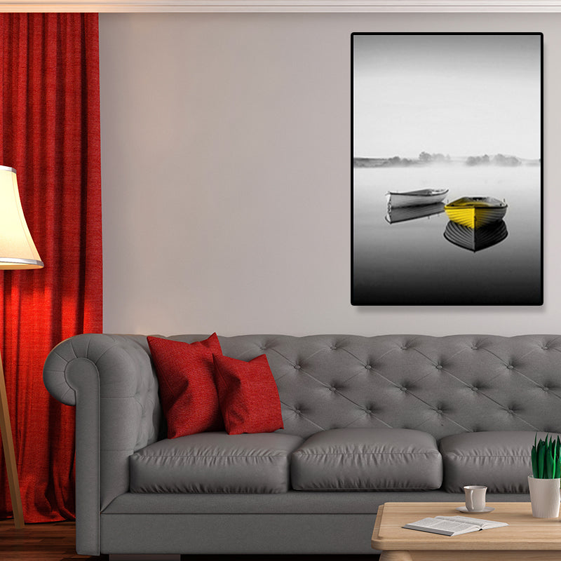 Brehn | Boot am Fluss Leinwanddruck für Schlafzimmer Fahrzeug Wandkunst Grau für Wohnkultur, mehrere Größen