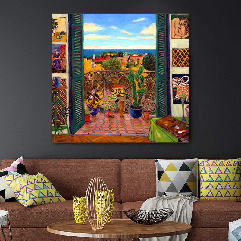 Brehn | Henri Matisse Balkon Bonsai Leinwand Kunst Vintage Texturiertes Gemälde in Braun und Blau