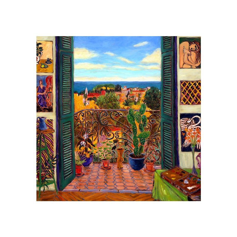 Brehn | Henri Matisse Balkon Bonsai Leinwand Kunst Vintage Texturiertes Gemälde in Braun und Blau
