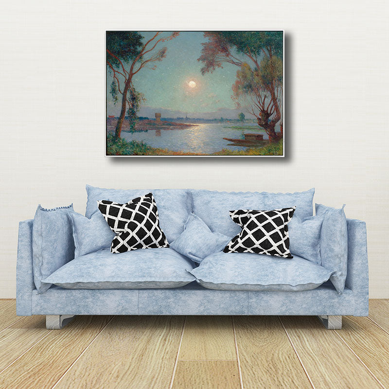 Brehn | River Moon Nachtlandschaft Malerei Grüne Leinwanddruck Wandkunst, Strukturierte Oberfläche