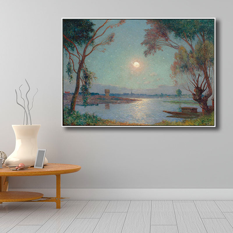 Brehn | River Moon Nachtlandschaft Malerei Grüne Leinwanddruck Wandkunst, Strukturierte Oberfläche