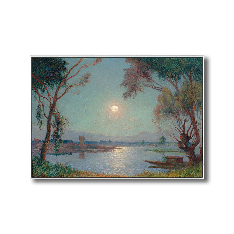 Brehn | River Moon Nachtlandschaft Malerei Grüne Leinwanddruck Wandkunst, Strukturierte Oberfläche