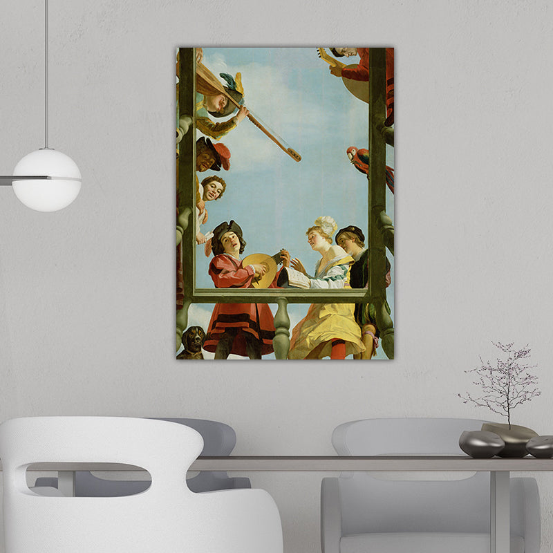 Brehn | Vintage Painting Blaue Musikalische Gruppe auf einem Balkon Leinwand Wandkunst für das Wohnzimmer