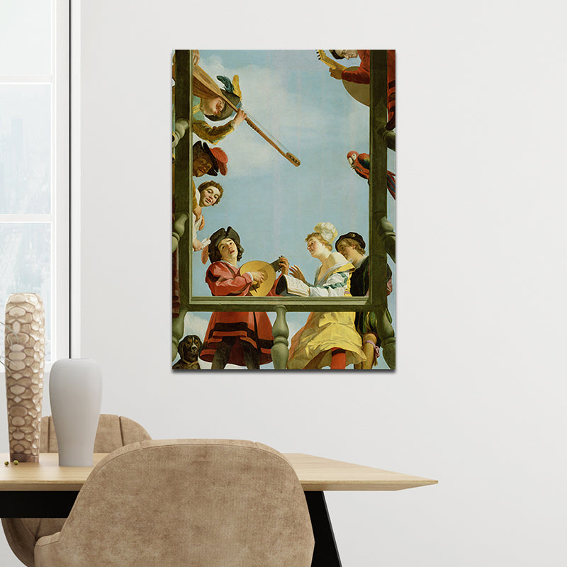 Brehn | Vintage Painting Blaue Musikalische Gruppe auf einem Balkon Leinwand Wandkunst für das Wohnzimmer