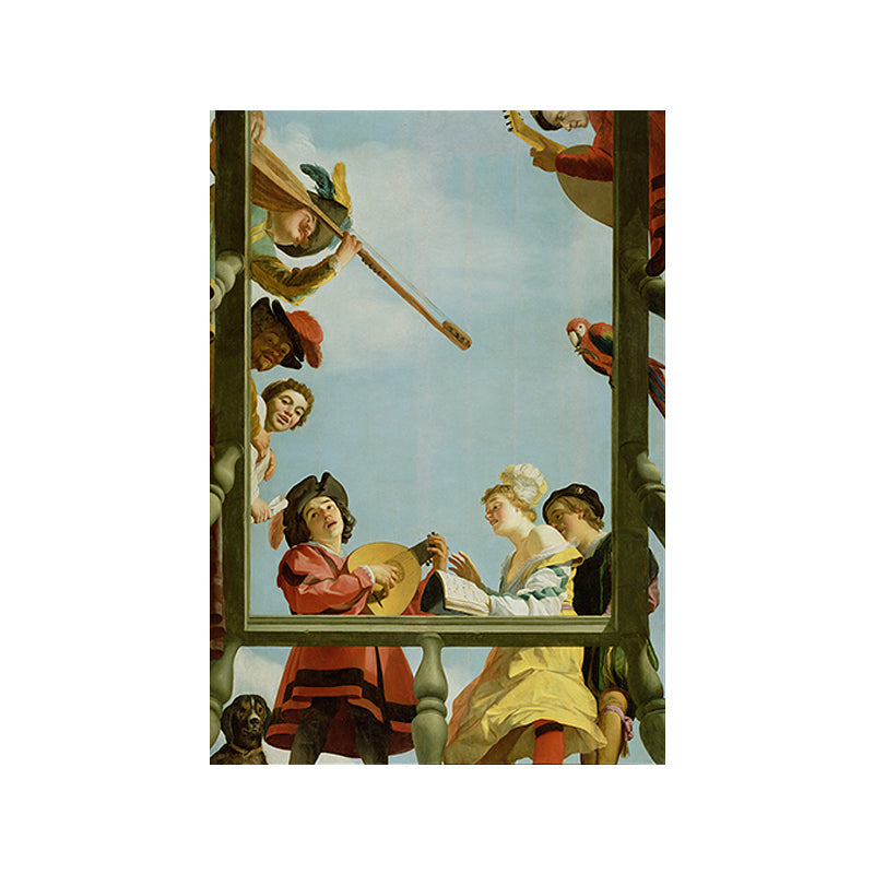 Brehn | Vintage Painting Blaue Musikalische Gruppe auf einem Balkon Leinwand Wandkunst für das Wohnzimmer