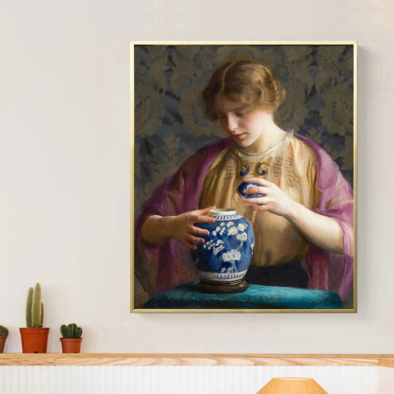 Brehn | Vintage Figur Ölmalerei Leinwand Haus Innenraum Wandkunst Dekor in Pastellfarbe