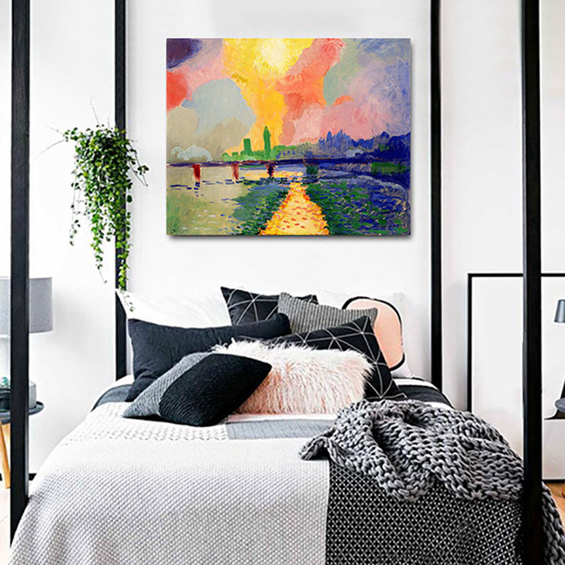 Brehn | Szenerie Leinwand Wandkunst Modern Atemberaubende Charing Cross Brücke mit Sonnenuntergangsstrahlung Gemälde in Pink