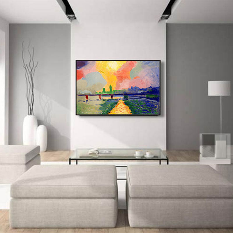 Brehn | Szenerie Leinwand Wandkunst Modern Atemberaubende Charing Cross Brücke mit Sonnenuntergangsstrahlung Gemälde in Pink