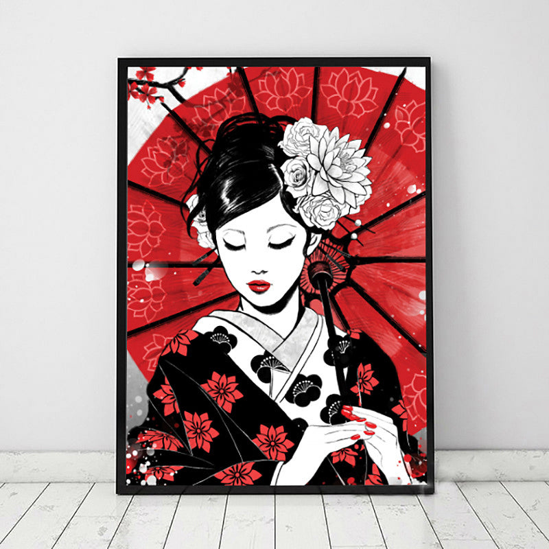 Brehn | Japanische Geisha mit Regenschirm Leinwand Rot Wohn Wandkunst Dekor für Wohnzimmer, Mehrere Größenoptionen