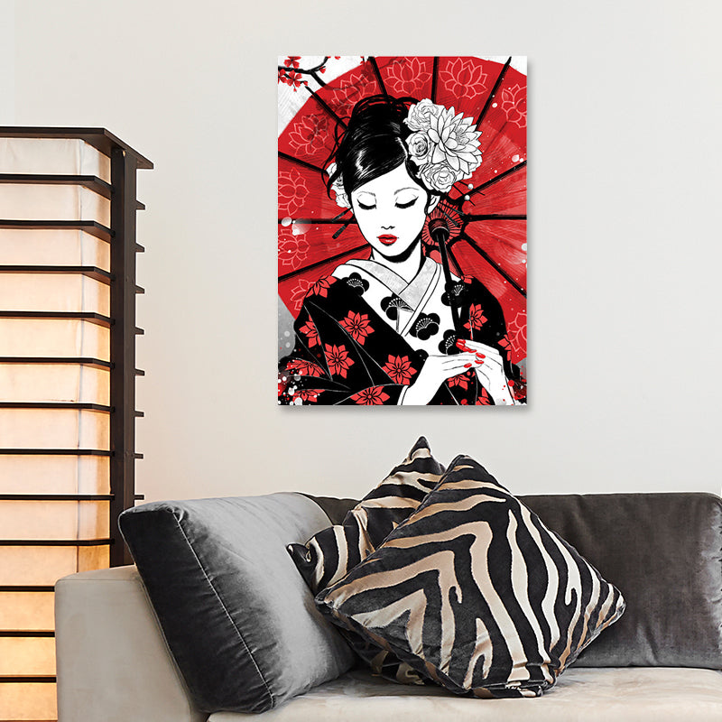 Brehn | Japanische Geisha mit Regenschirm Leinwand Rot Wohn Wandkunst Dekor für Wohnzimmer, Mehrere Größenoptionen