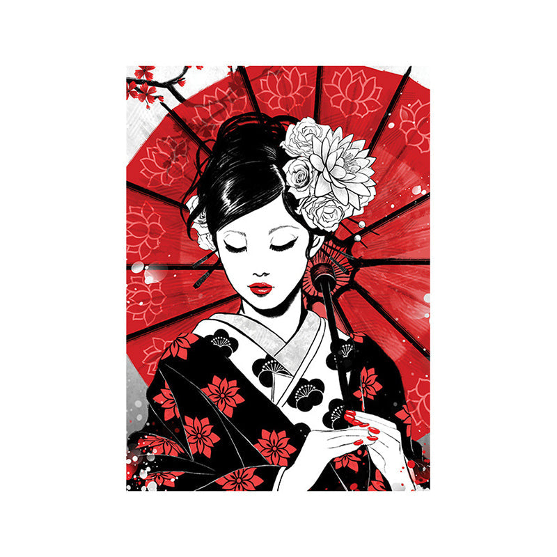 Brehn | Japanische Geisha mit Regenschirm Leinwand Rot Wohn Wandkunst Dekor für Wohnzimmer, Mehrere Größenoptionen