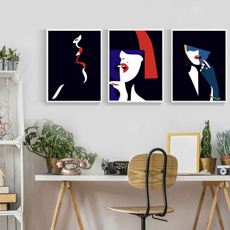 Brehn | Strukturiertes Schwarzes Leinwand Wandbild Viktorianische Frau mit Rotem Lippenstift Gemälde für das Wohnzimmer