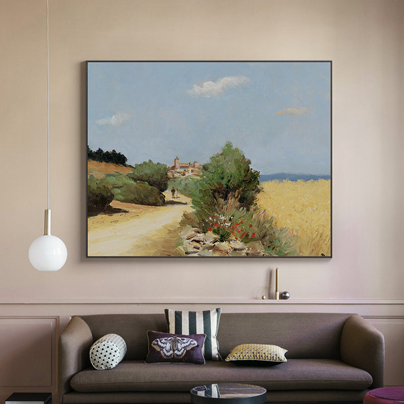 Brehn | Landschaft Leinwand Wandkunst Französisches Landeshaus Texturierte Malerei in Grün für das Wohnzimmer